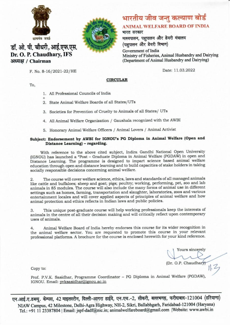 PG Diploma in Animal Welfare [PGDAW] - Admission Open