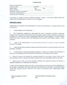 CONSENT FORM FOR AUTHORIZATION TO PERFORM SURGERY OR ANESTHESIA TO ANIMALS