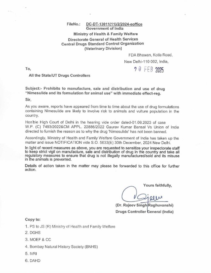 Ban of Nimesulide and its formulations for Animals use in India